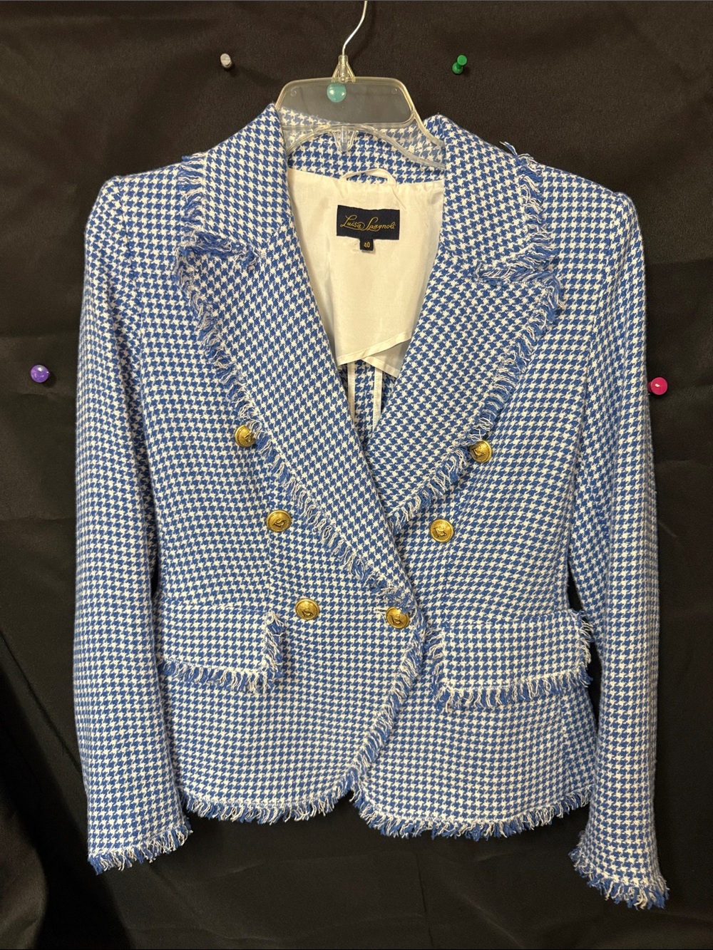 Luisa Spagnoli Blue & White Houndstooth Double-Breasted Frayed Blazer